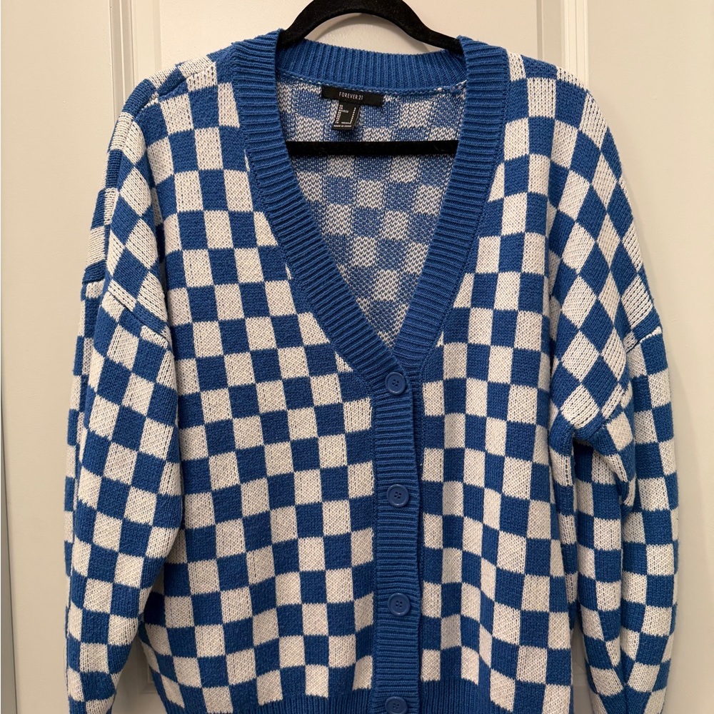 Forever 21 Blue and White Checkered Cardigan